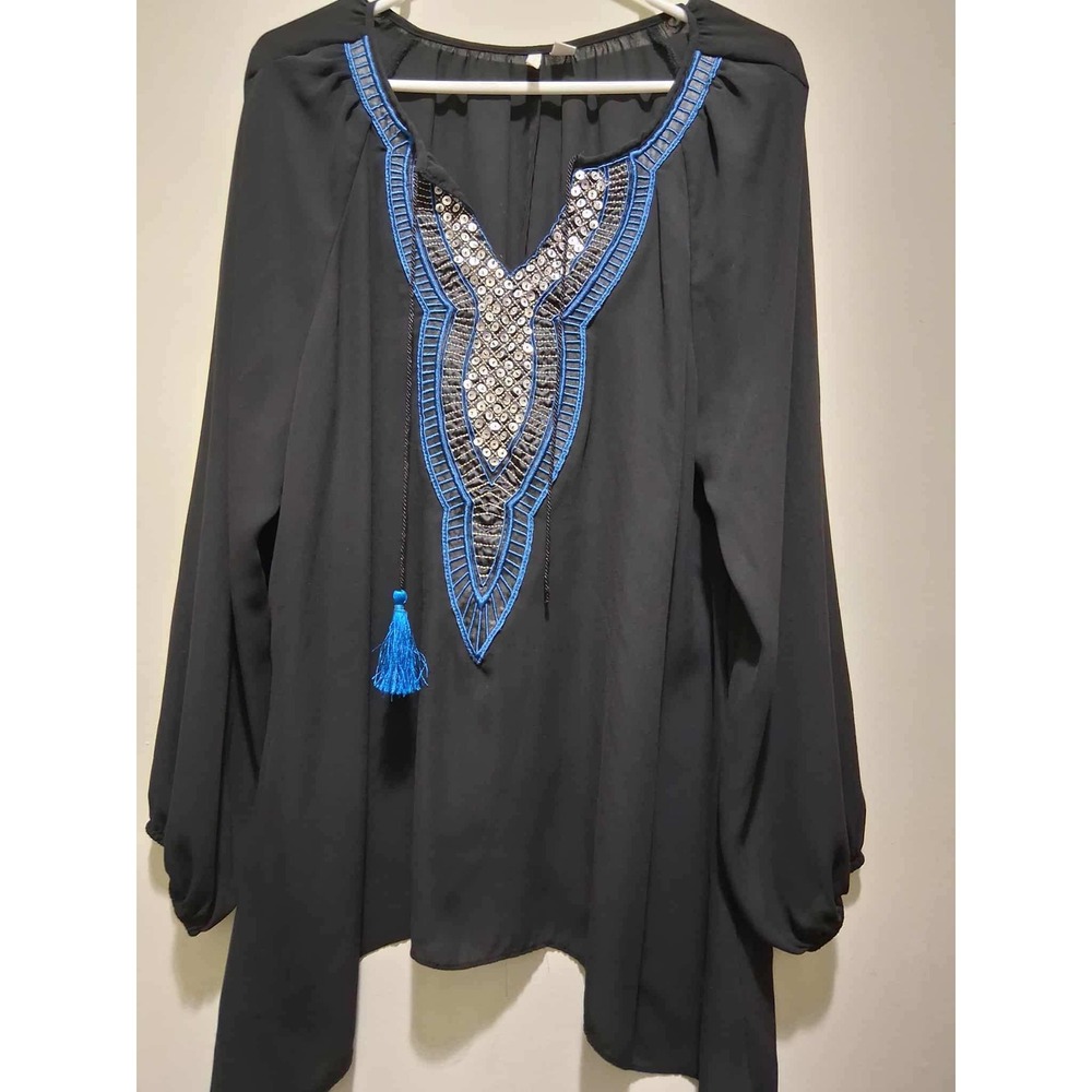 Cato Black Sequin Beaded V Neck Tassel Sleeve Tunic Blouse XL Boho READ